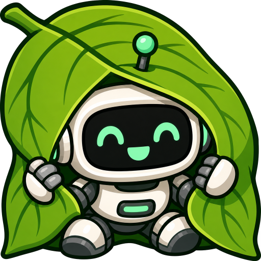 A tiny cheerful robot wearing a leaf as camouflage