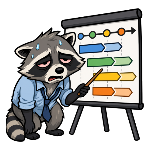 Generated emoji: an exhausted raccoon presenting a quarterly roadmap
